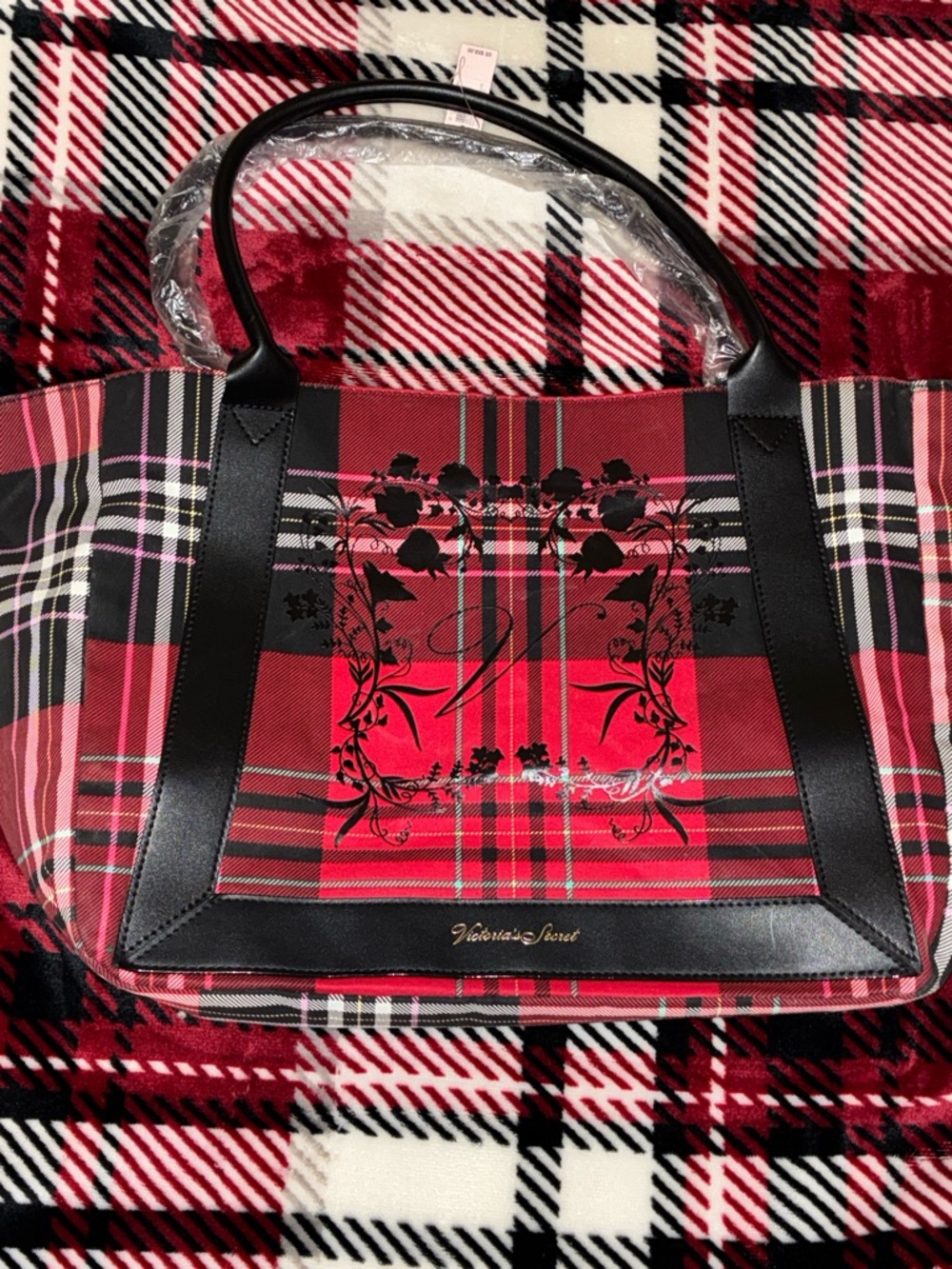 NEW Victoria's Secret Red and Black Plaid Tote with Floral Crest